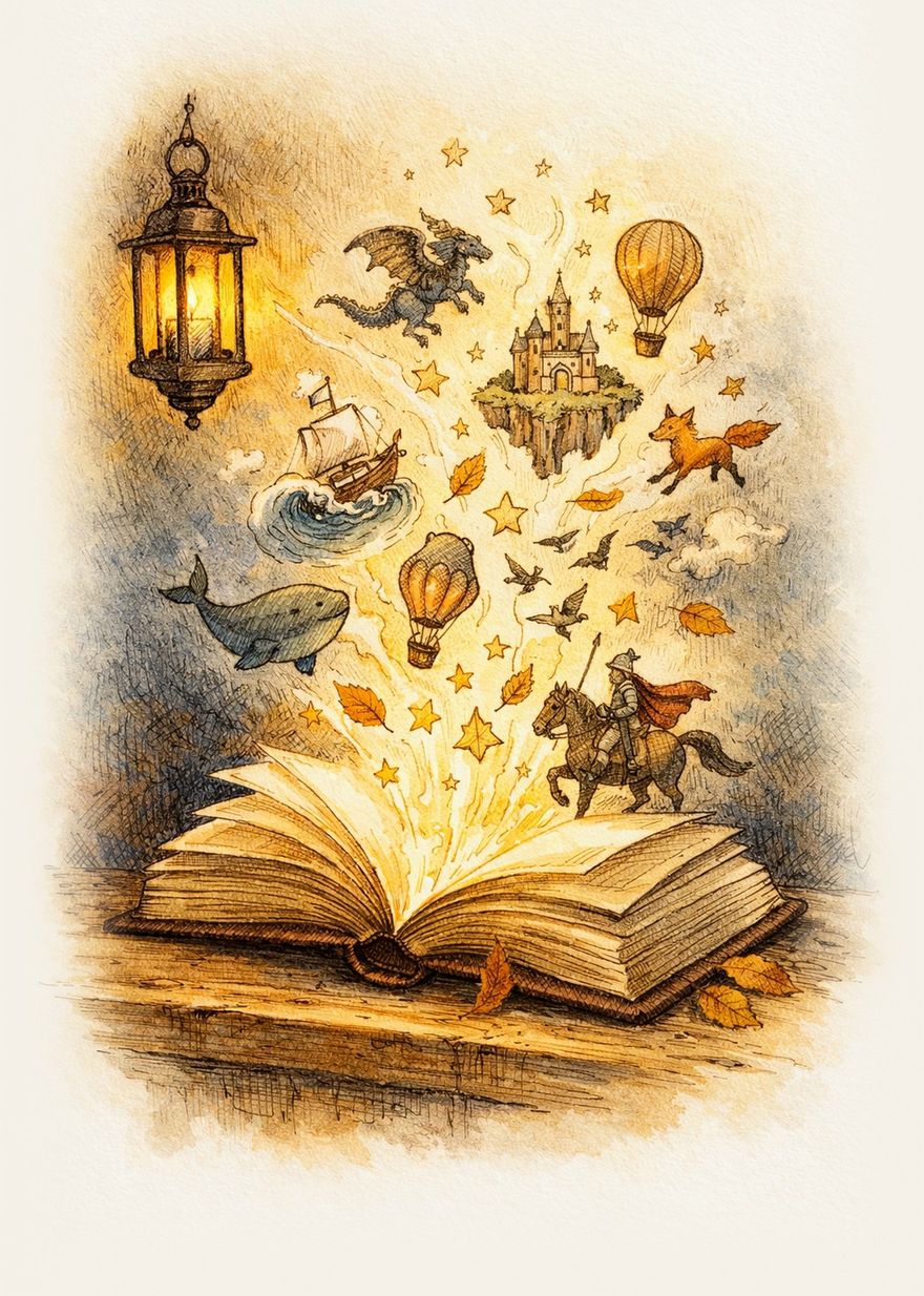 Раскрытая книга на столе под висящим фонарём; из её страниц вылетают корабль, дракон, замок на летучем острове, лис, воздушные шары, кит и рыцарь.